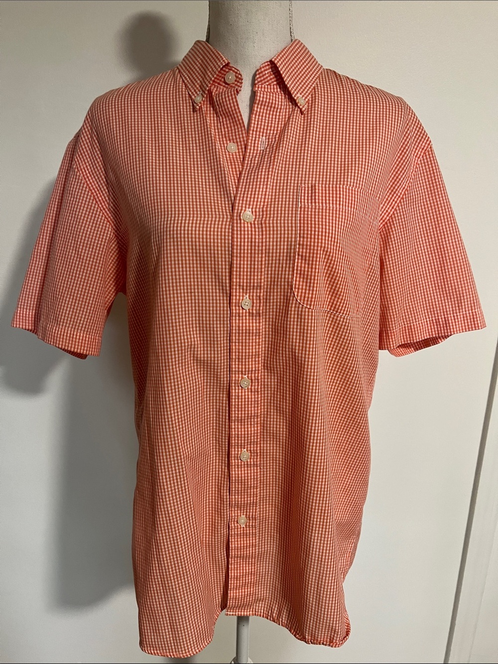 Men’s Orange Gingham Short-Sleeve Button-Down Shirt